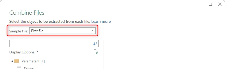 Khu vực Sample File trong hộp thoại Combine Files của Excel, với tùy chọn &quot;First File&quot; được chọn