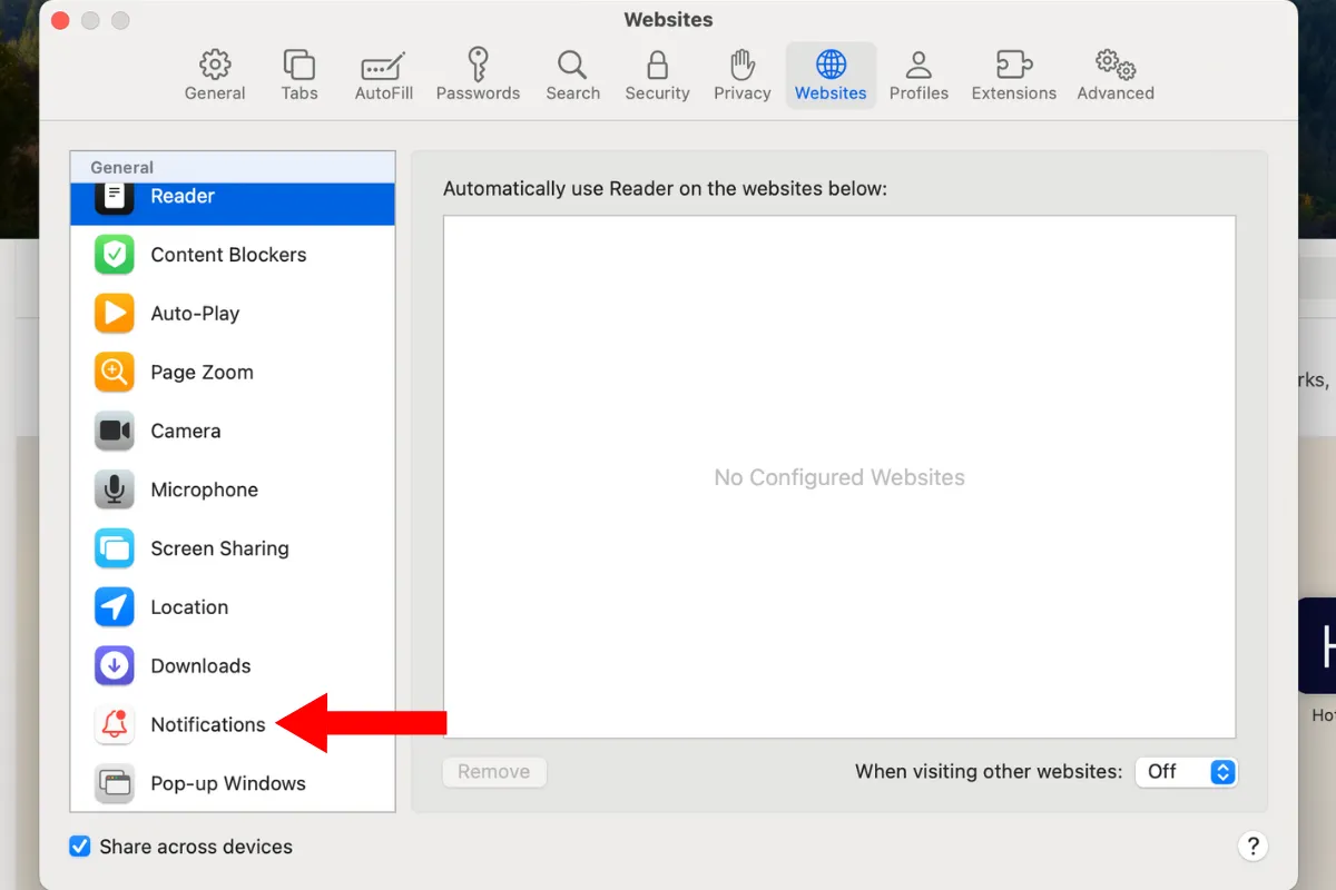 Khu vực Thông báo (Notifications) trong cài đặt Trang web của Safari.