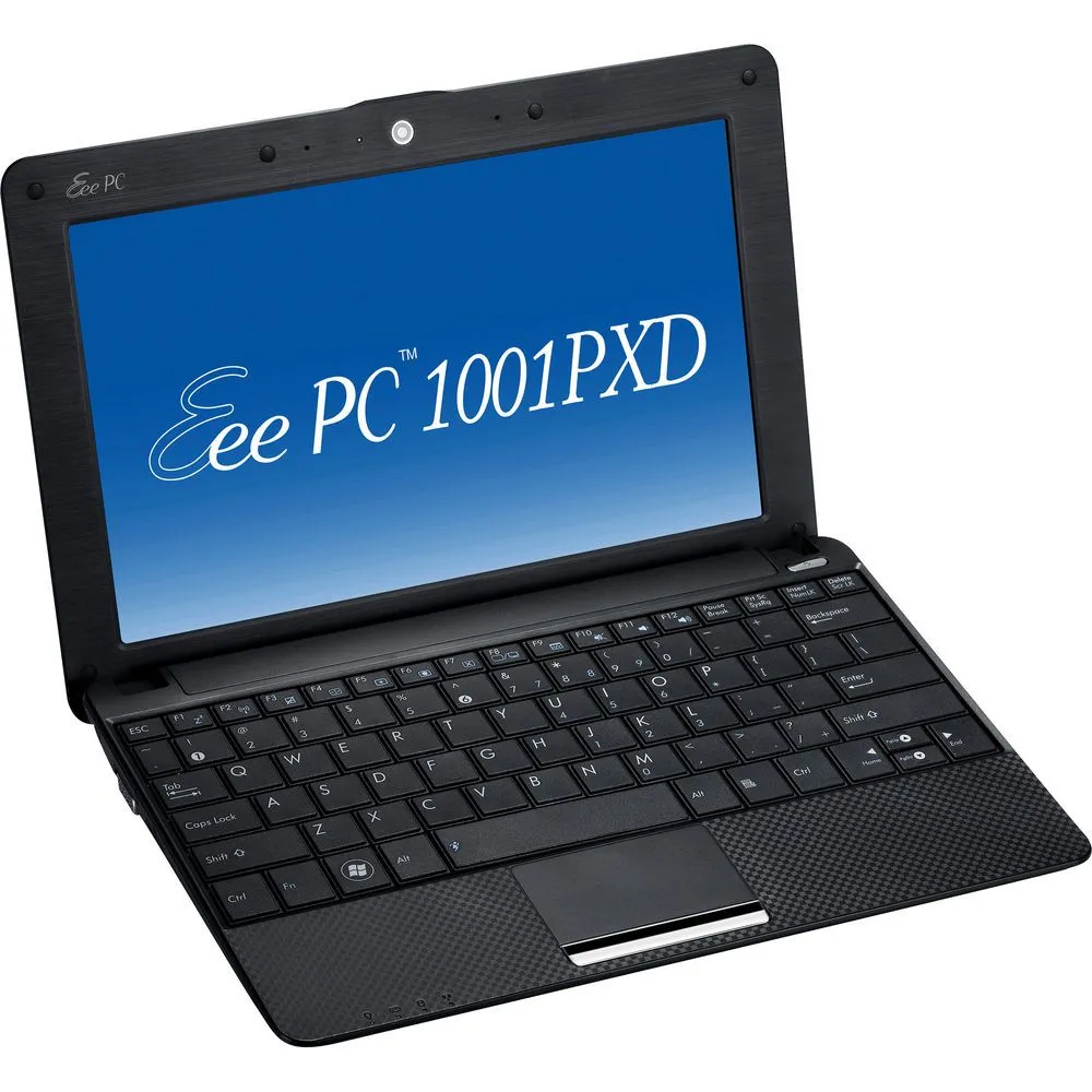 Laptop ASUS Eee PC 1001PXD màu đen nhỏ gọn đang mở, bàn phím và màn hình hiển thị rõ ràng, thể hiện thiết kế đặc trưng của dòng netbook tiên phong.