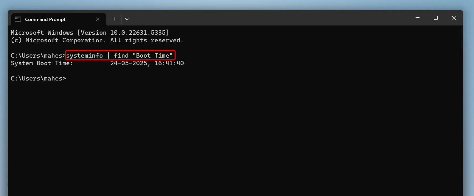 Lệnh để xem thời gian khởi động lại gần nhất được nhập vào Command Prompt