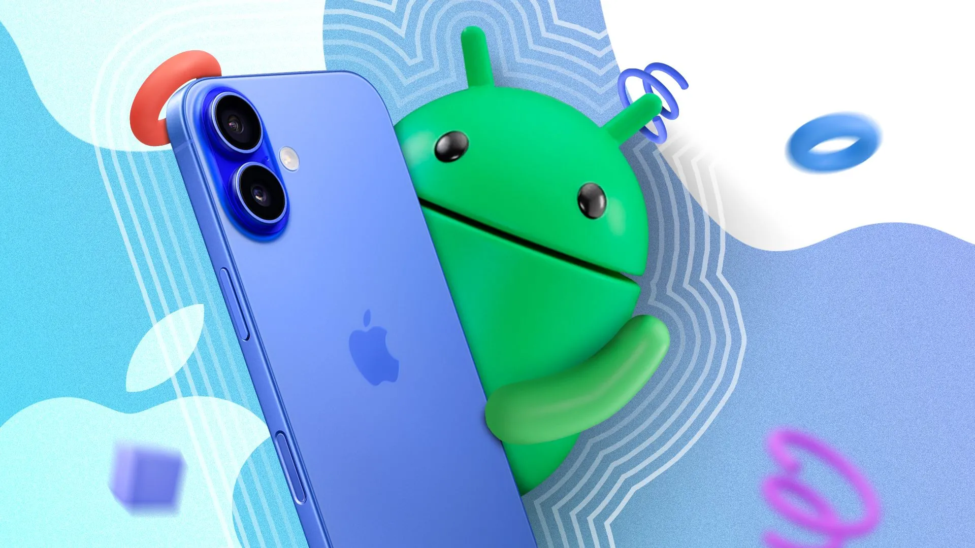 Linh vật Android đang cầm một chiếc iPhone 16, tượng trưng cho sự cạnh tranh và bão hòa trong thị trường smartphone.