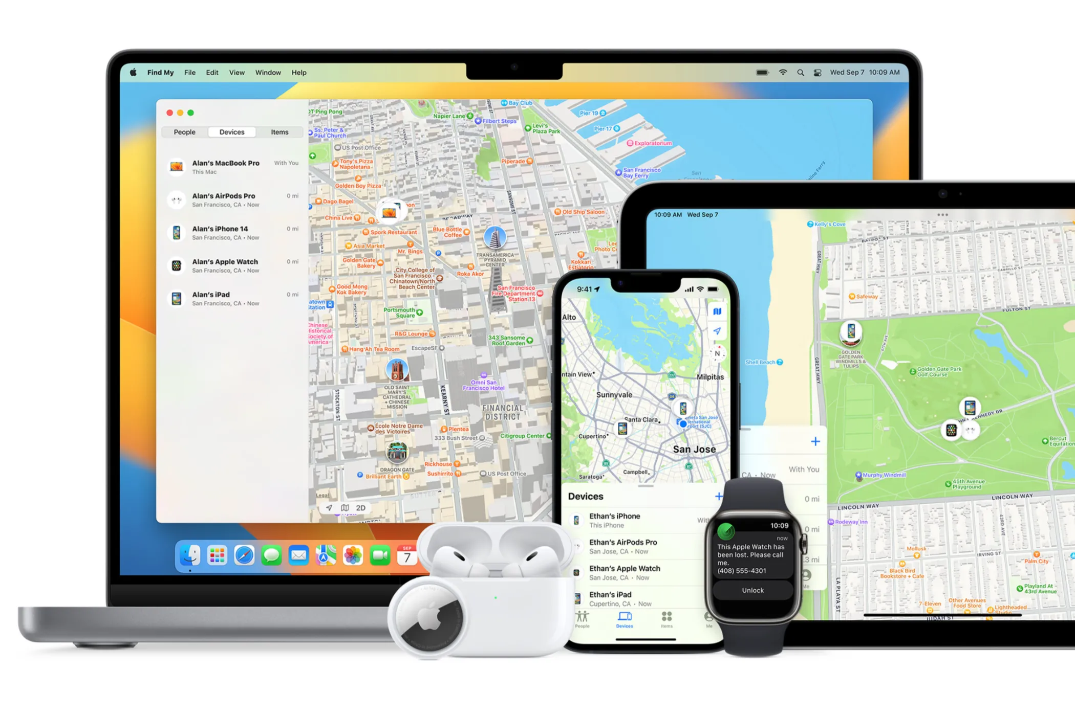 Logo Apple và biểu tượng ứng dụng Tìm của tôi trên màn hình