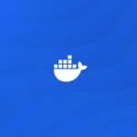Logo Docker màu trắng trên nền xanh với các đường nét trừu tượng