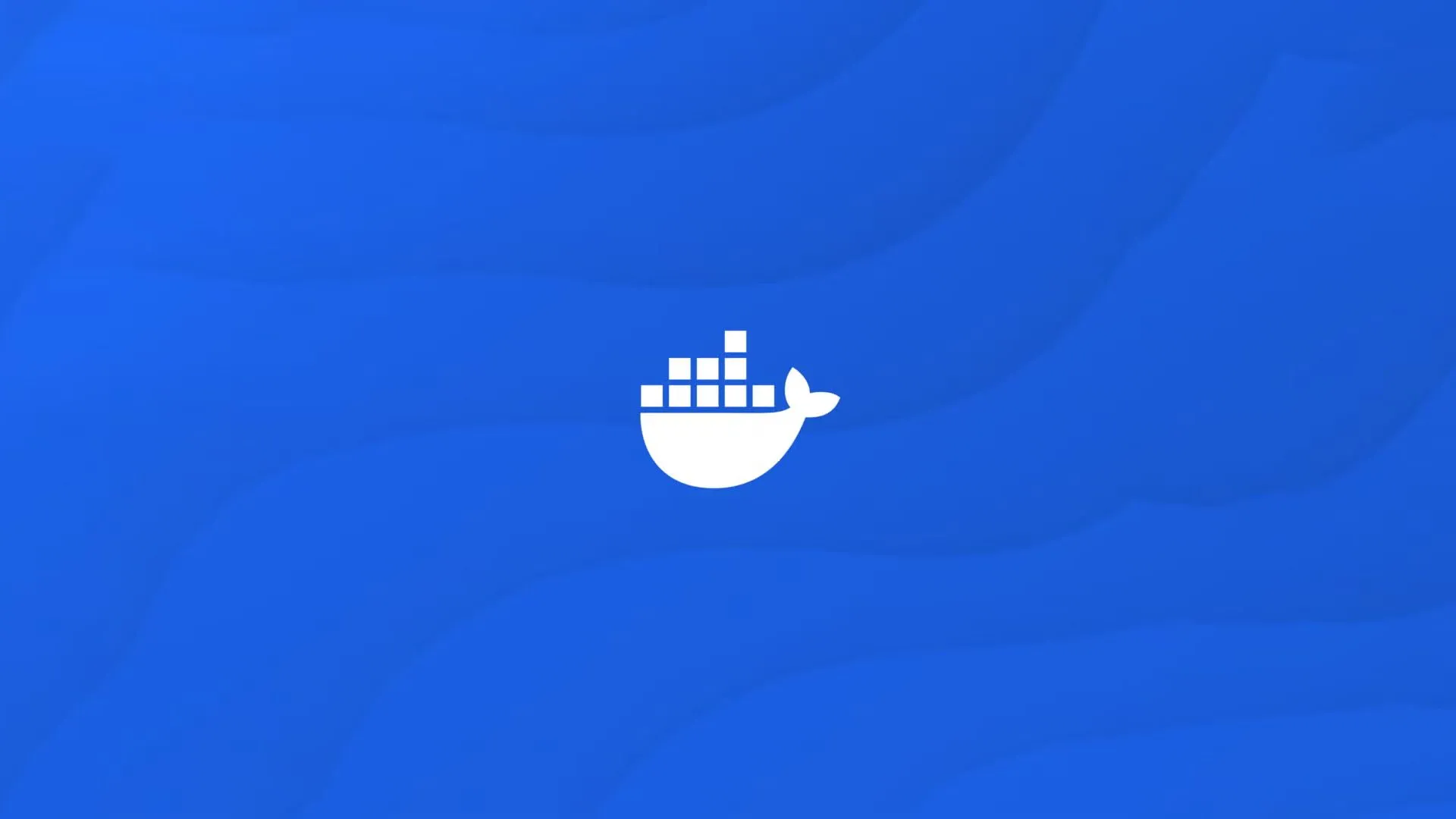 Logo Docker màu trắng trên nền xanh với các đường nét trừu tượng