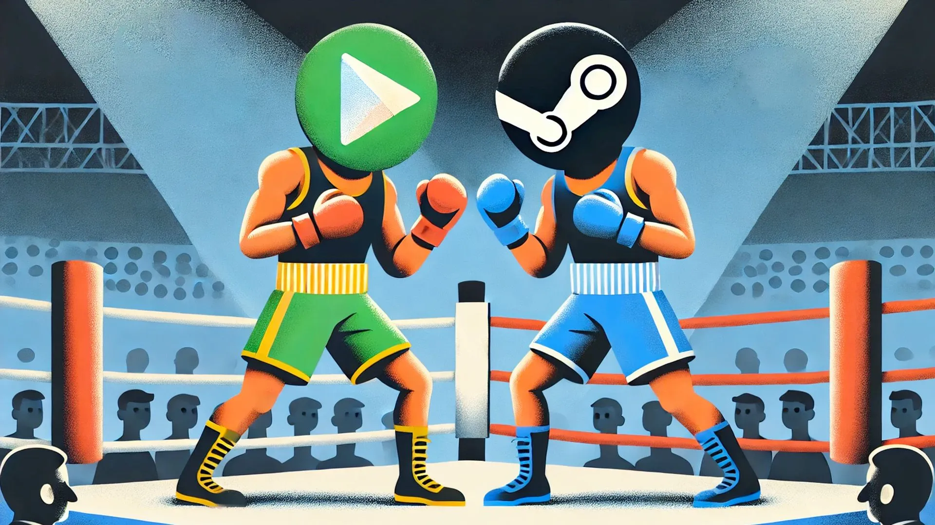 Logo Google Play và Steam thay thế đầu của hai võ sĩ trong một trận đấu quyền Anh.