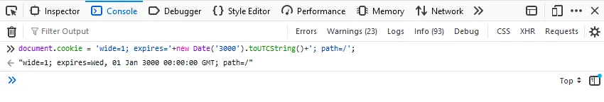Mã lệnh JavaScript được dán vào tab Console trong Công cụ phát triển của trình duyệt để kích hoạt chế độ rạp chiếu phim YouTube vĩnh viễn.