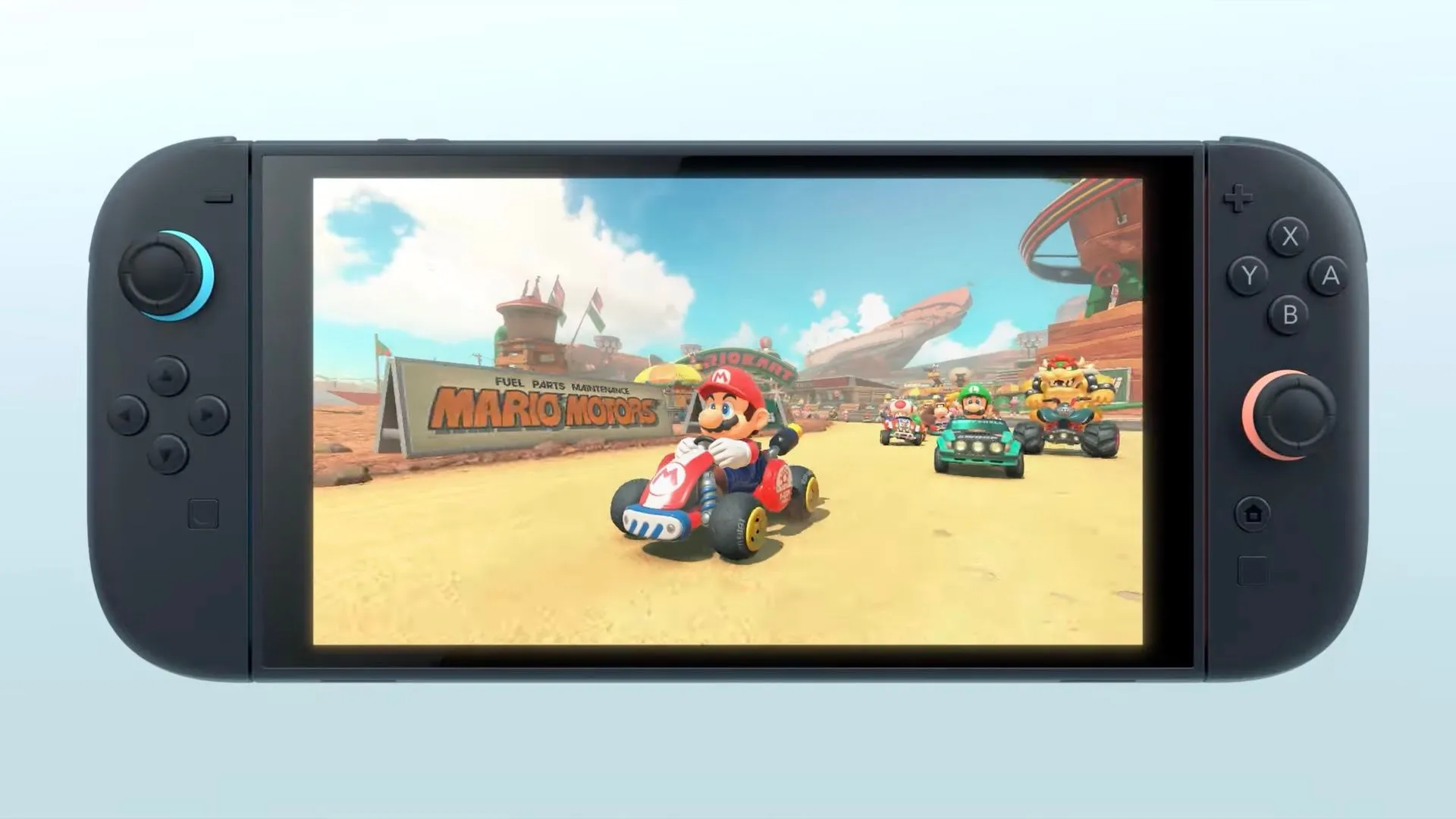 Màn hình 7.9 inch sắc nét của Nintendo Switch 2 hiển thị trò chơi Mario Kart, minh họa khả năng hiển thị được nâng cấp.