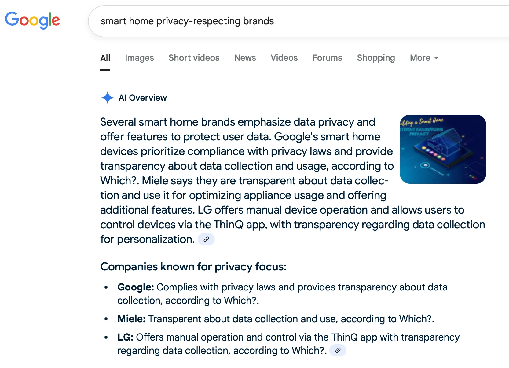 Màn hình AI Overview của Google hiển thị phản hồi sai lệch về Google là thương hiệu nhà thông minh tôn trọng quyền riêng tư.