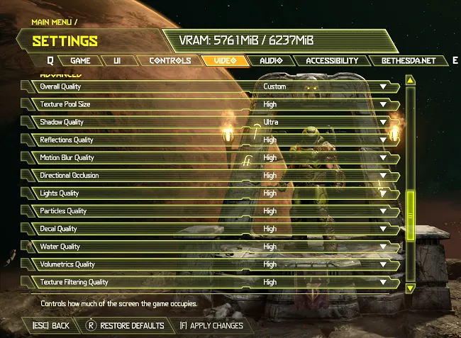 Màn hình cài đặt đồ họa trong game Doom Eternal, minh họa các tùy chọn tùy chỉnh cài đặt hình ảnh chi tiết trên PC.