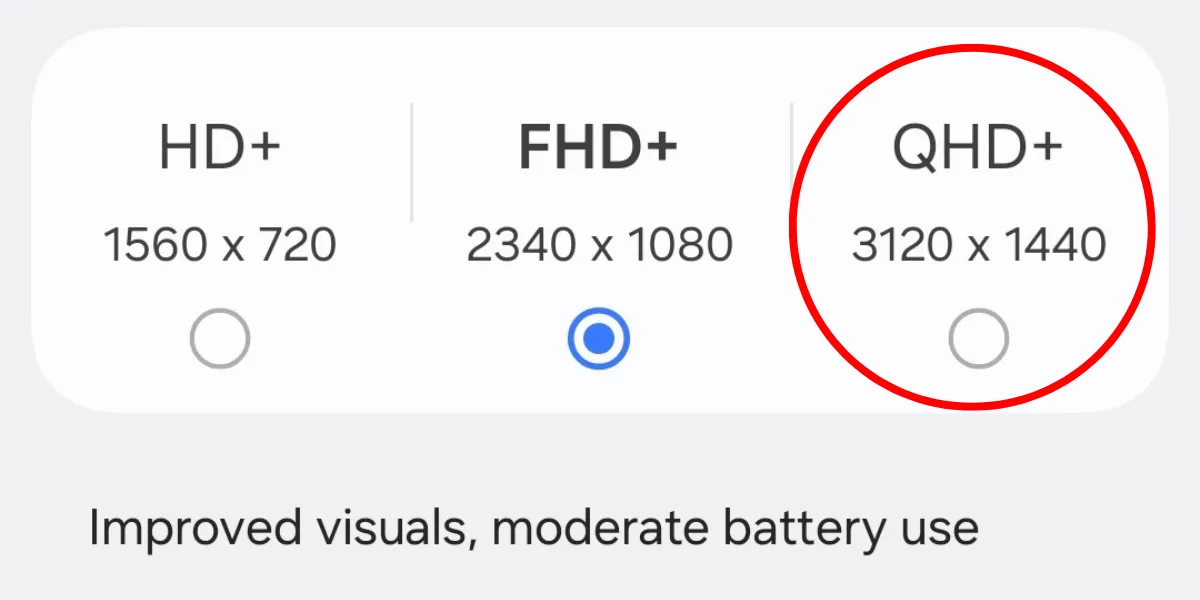 Màn hình cài đặt độ phân giải màn hình trên Galaxy S25, cho phép người dùng lựa chọn giữa các mức độ phân giải khác nhau.