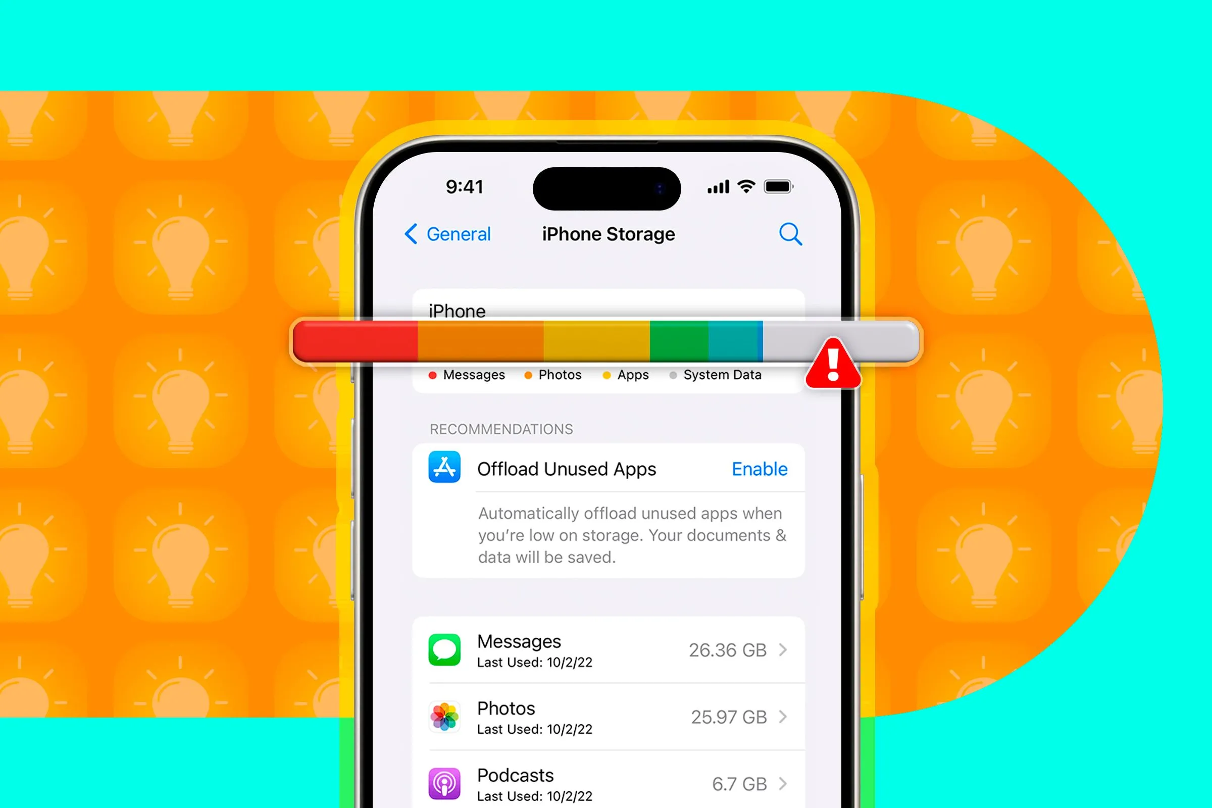 Màn hình cài đặt dung lượng lưu trữ trên iPhone cảnh báo đầy bộ nhớ.