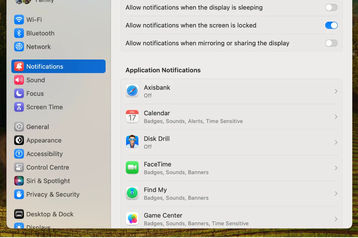 Màn hình Cài đặt Thông báo (Notifications) trong Cài đặt hệ thống macOS.