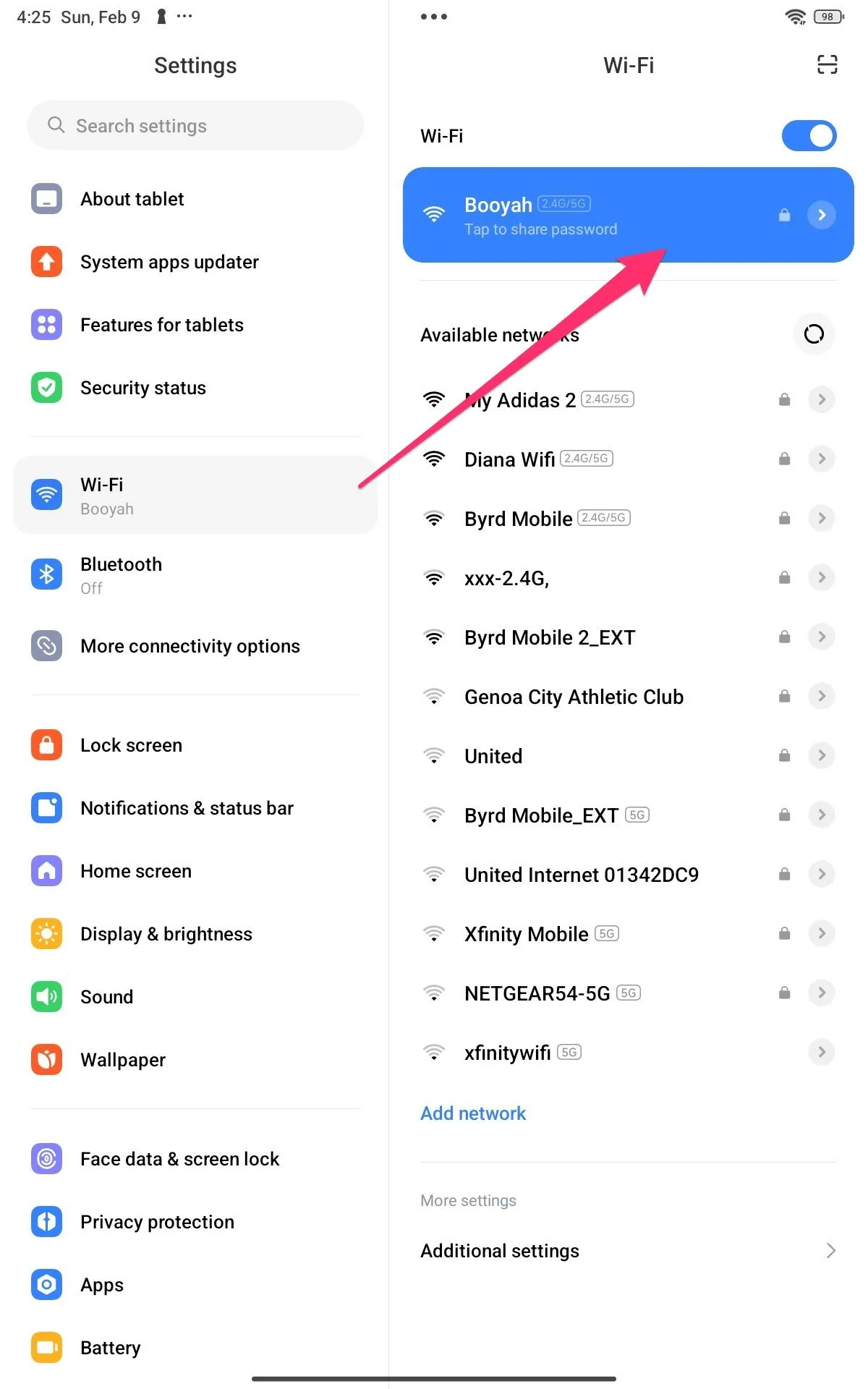 Màn hình cài đặt Wi-Fi trên Android xác nhận thiết bị kết nối cùng mạng với Mac.