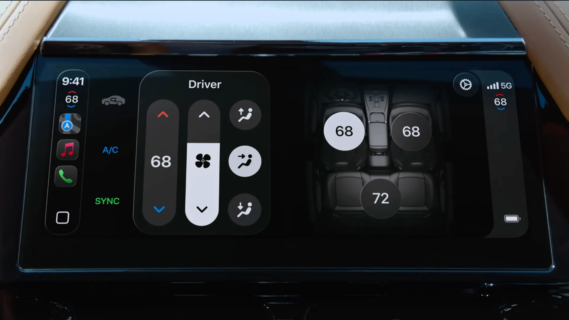 Màn hình CarPlay Ultra hiển thị các chức năng điều khiển xe quan trọng như điều hòa không khí và sưởi ghế.