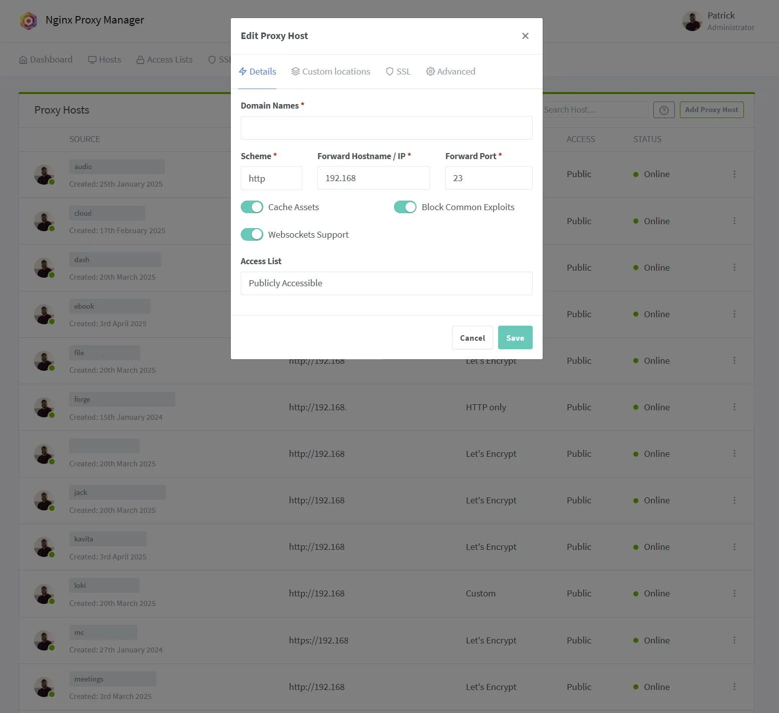 Màn hình cấu hình host mới trong Nginx Proxy Manager, nơi người dùng thiết lập các quy tắc định tuyến và chứng chỉ SSL cho dịch vụ tự host.
