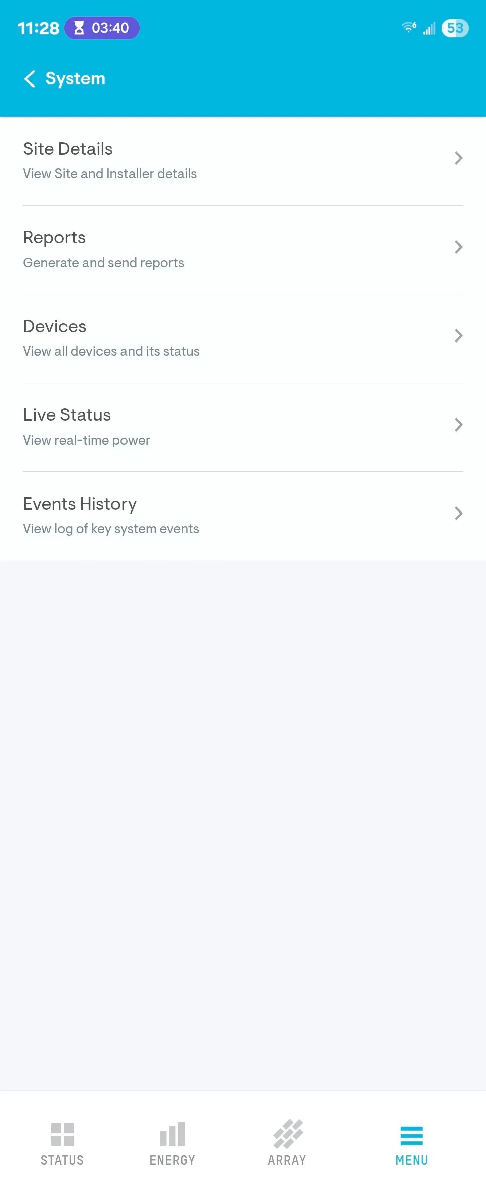 Màn hình chi tiết hệ thống trong ứng dụng Enphase Enlighten Android, hiển thị thông tin cấu hình và thông số kỹ thuật.