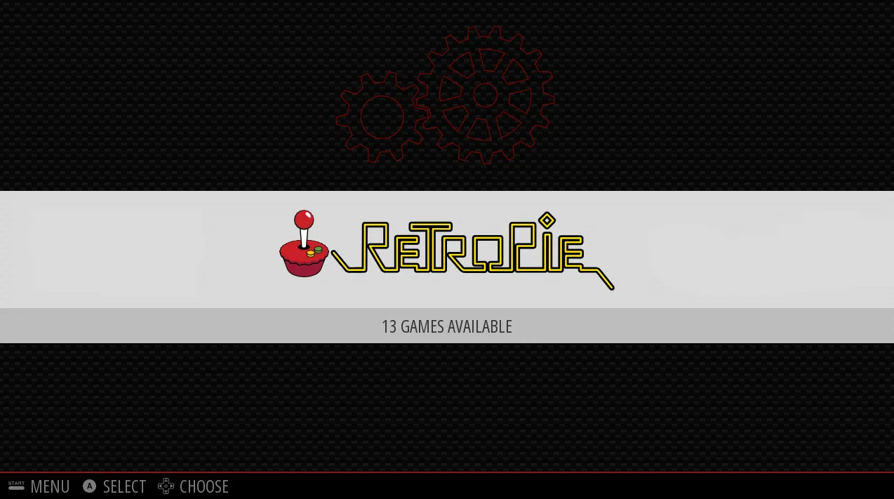 Màn hình chính của RetroPie hiển thị giao diện thân thiện với bộ điều khiển, tối ưu cho chơi game retro trên Raspberry Pi.