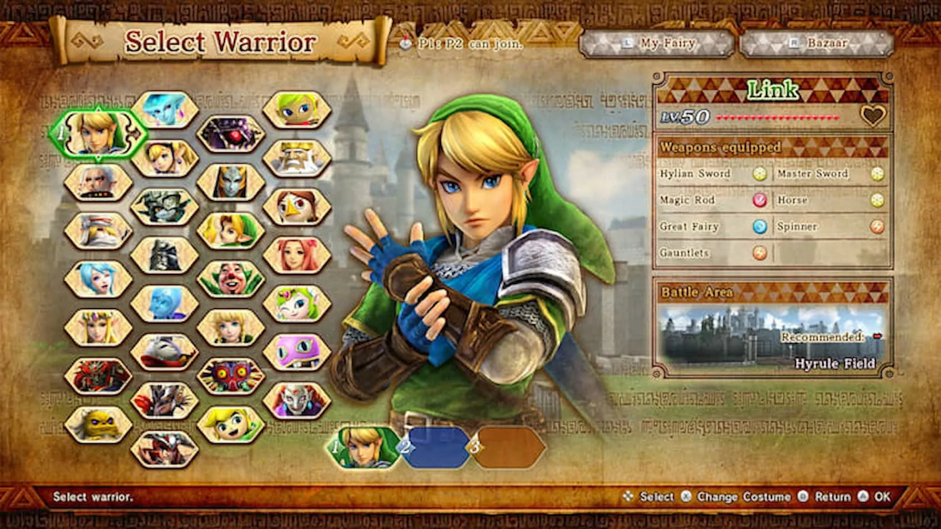 Màn hình chọn nhân vật trong Hyrule Warriors: Definitive Edition, kết hợp thế giới Zelda và lối chơi Dynasty Warriors.
