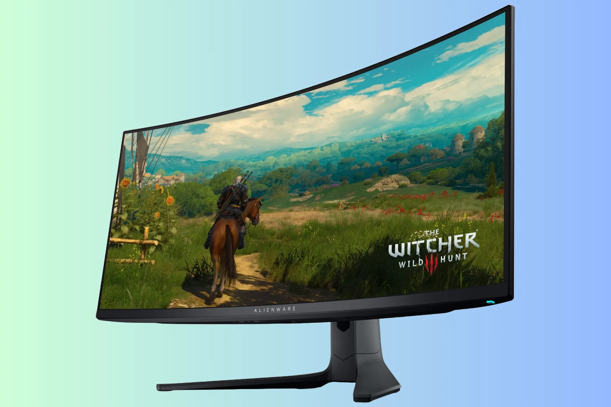 Màn hình Dell Alienware AW3423DWF với phông nền xanh lá và xanh dương