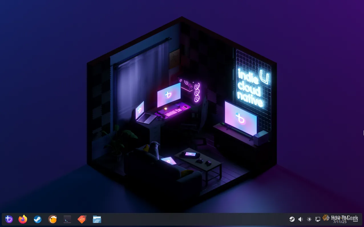 Màn hình desktop của hệ điều hành Bazzite với giao diện tùy chỉnh, tối ưu cho trải nghiệm chơi game trên Linux.