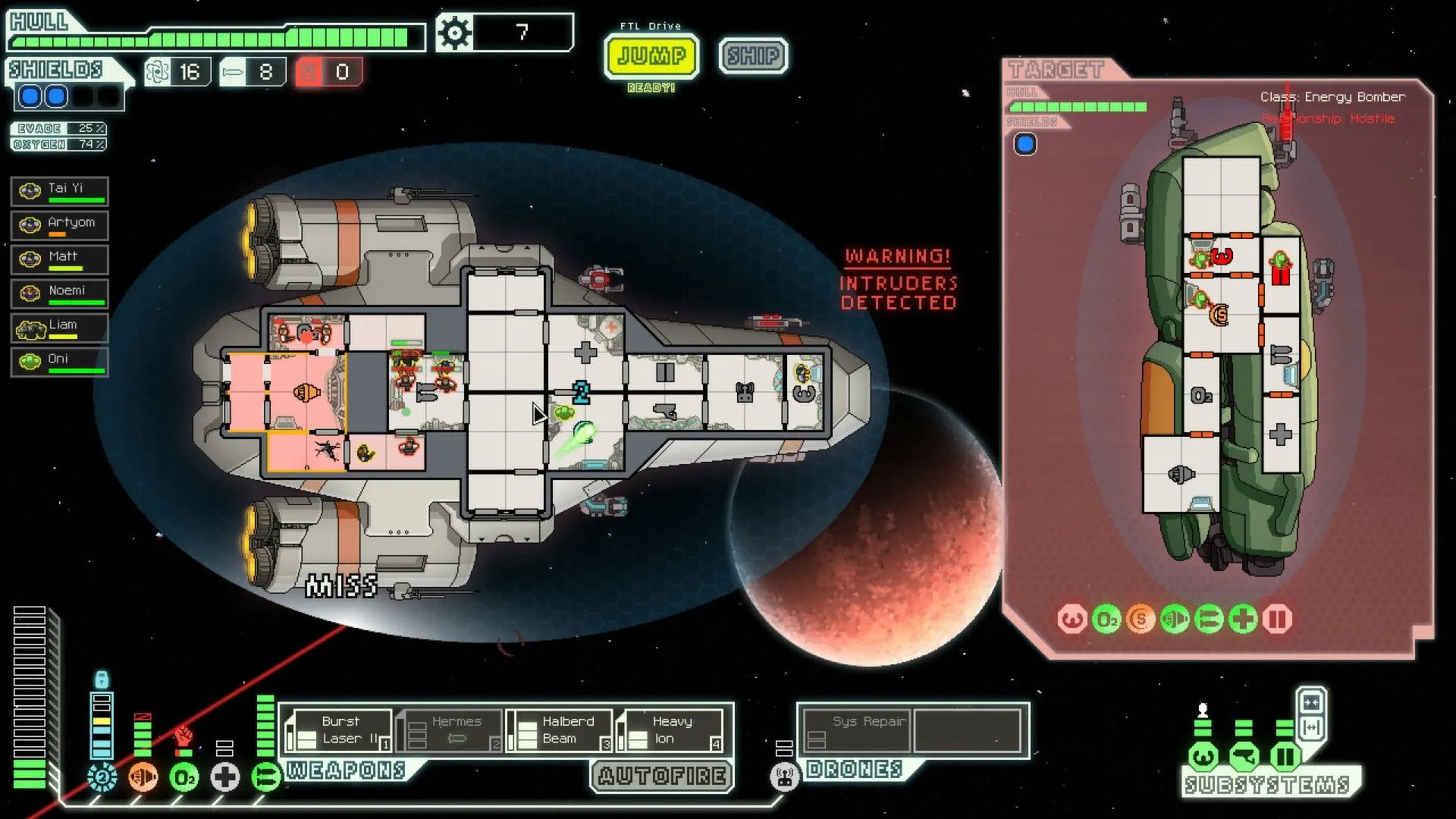 Màn hình FTL official Steam, hiển thị cảnh tàu của bạn và tàu địch cùng sơ đồ mặt bằng bên trong.