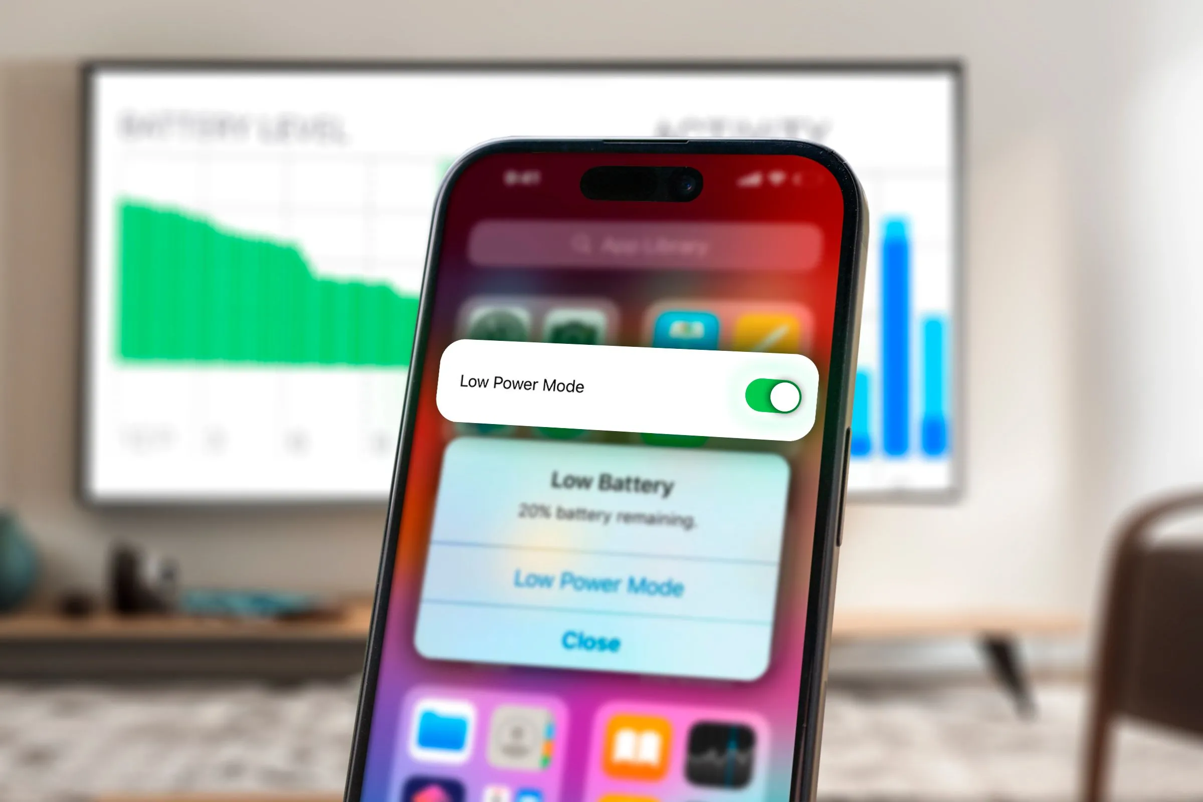 Màn hình iPhone hiển thị cảnh báo pin yếu cùng biểu tượng bật chế độ nguồn điện thấp, minh họa khả năng tối ưu pin của iPhone 16e và iPhone 15.