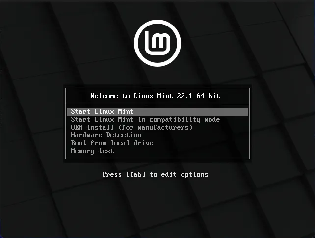 Màn hình khởi động Grub của Linux Mint Live từ USB, hiển thị các tùy chọn khởi động hệ thống.