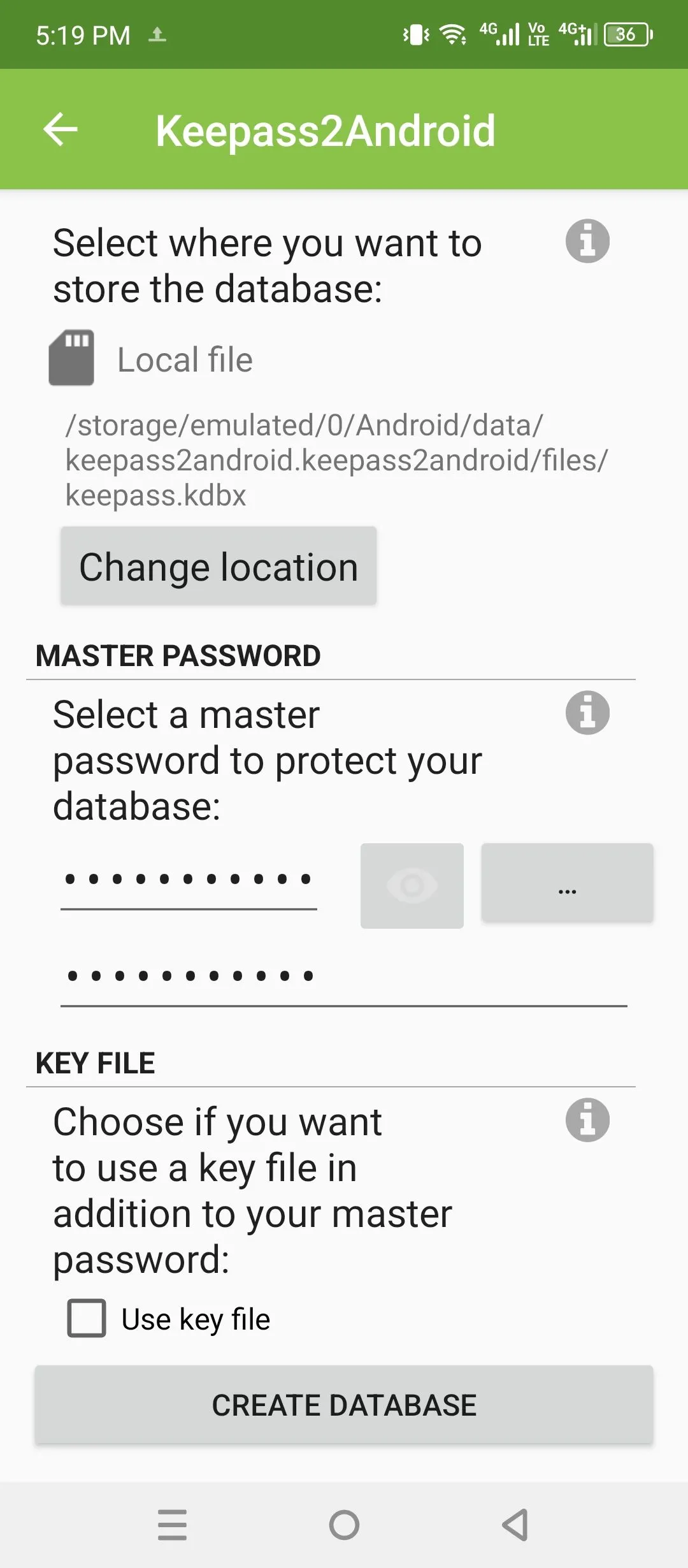 Màn hình tạo kho lưu trữ mật khẩu mới trong ứng dụng KeePass2Android, hiển thị tùy chọn tạo database an toàn.