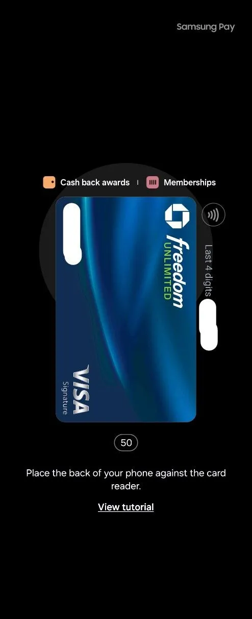 Màn hình thanh toán của Samsung Wallet đã sẵn sàng sau khi chọn thẻ và xác thực.