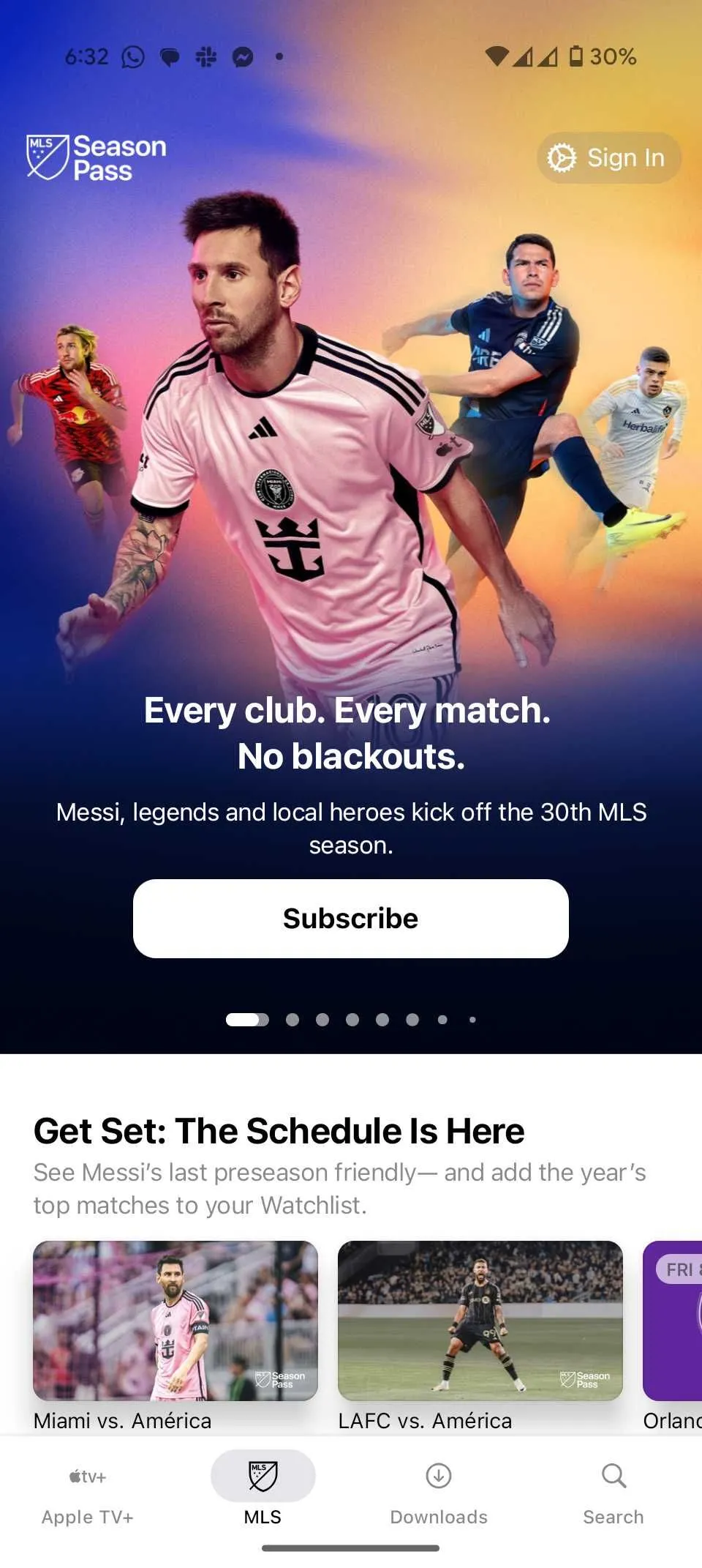 Màn hình ứng dụng Apple TV+ trên Android hiển thị chi tiết nội dung giải đấu MLS Season Pass
