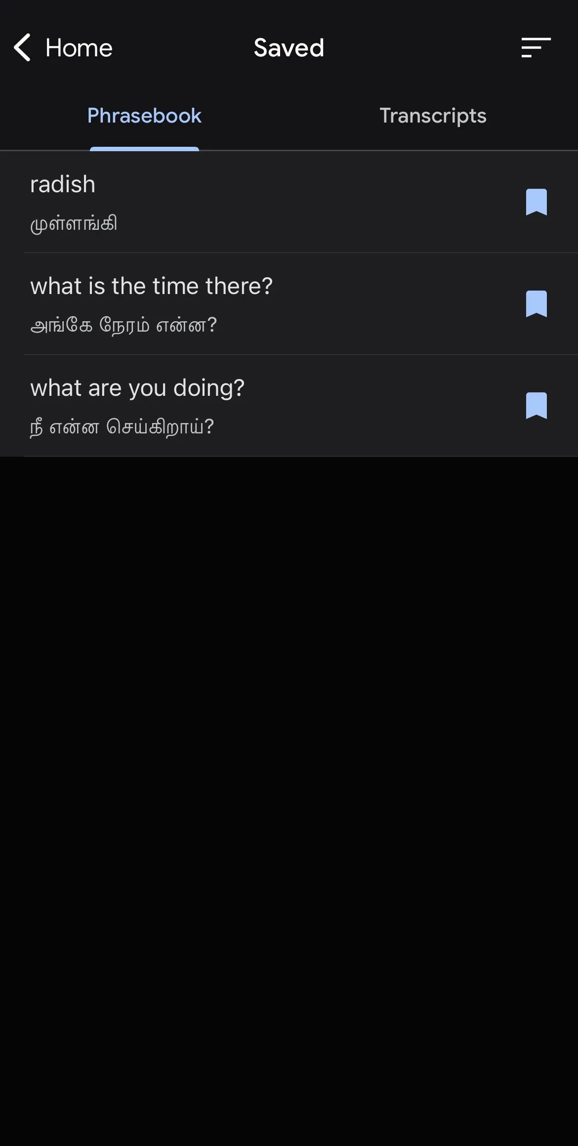 Màn hình ứng dụng Google Translate cho phép lưu các bản dịch vào sổ ngữ, nâng cao trải nghiệm người dùng.