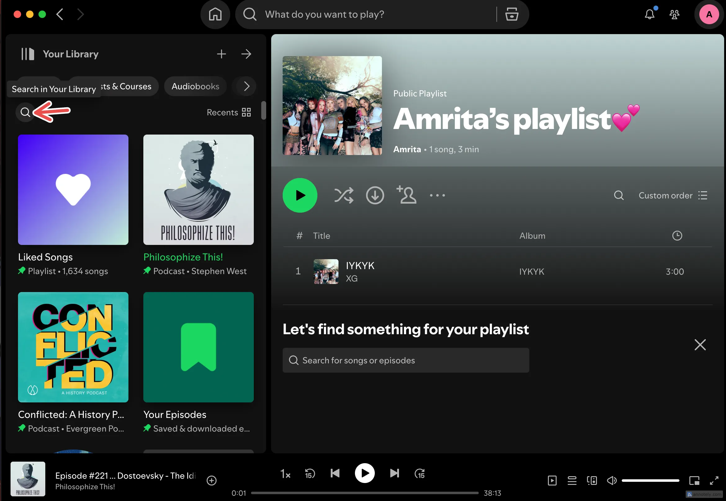 Màn hình ứng dụng Spotify trên máy tính hiển thị giao diện thư viện với nút tìm kiếm, cho thấy trải nghiệm quản lý nhạc tốt hơn trên desktop.