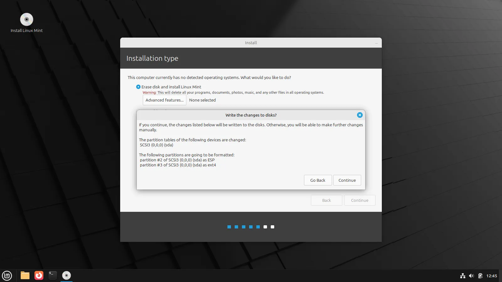 Màn hình xác nhận phân vùng ổ cứng của trình cài đặt Linux Mint trước khi tiến hành cài đặt.