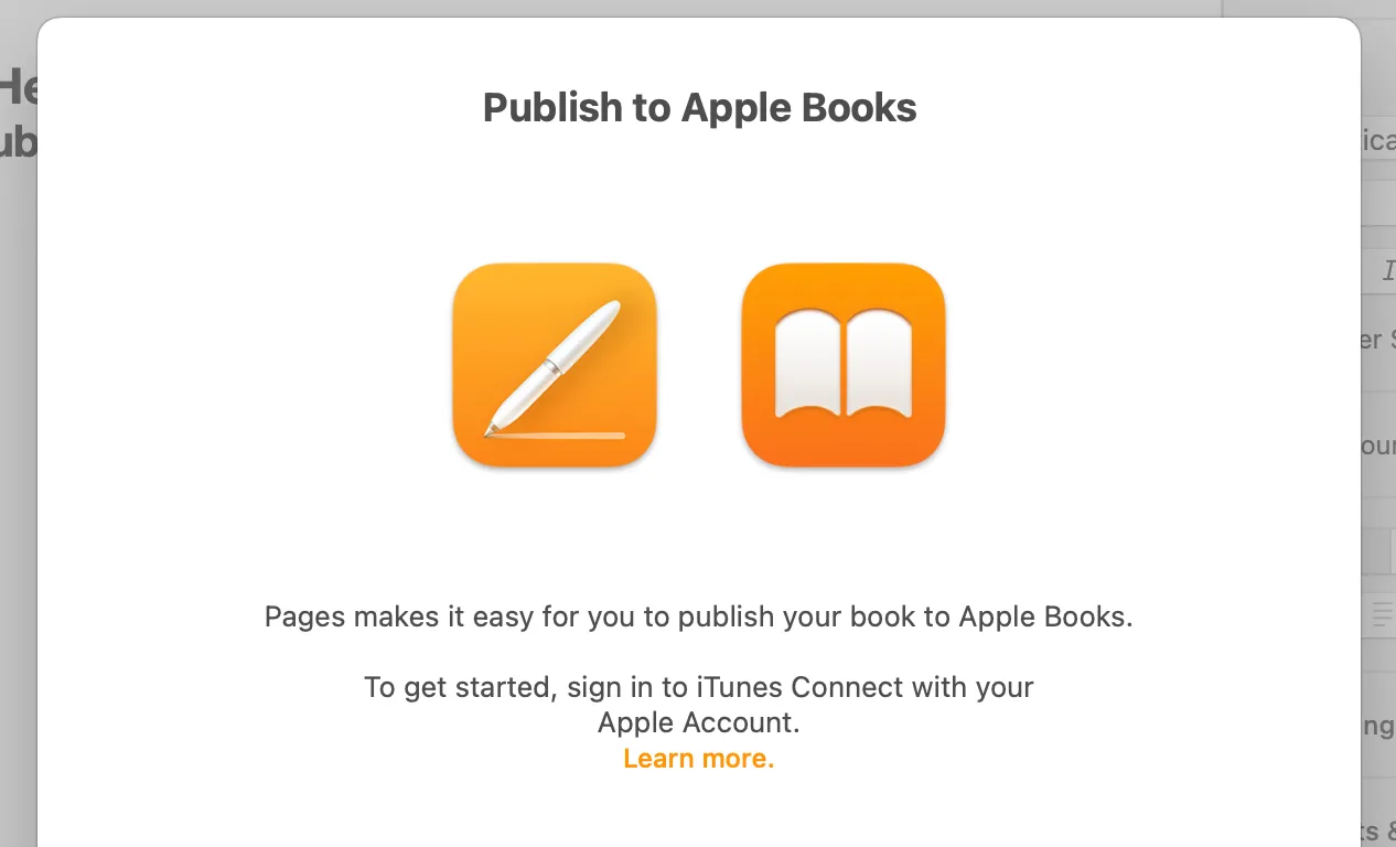 Màn hình xuất bản trực tiếp tài liệu Pages lên nền tảng Apple Books ngay trong ứng dụng Pages trên máy Mac