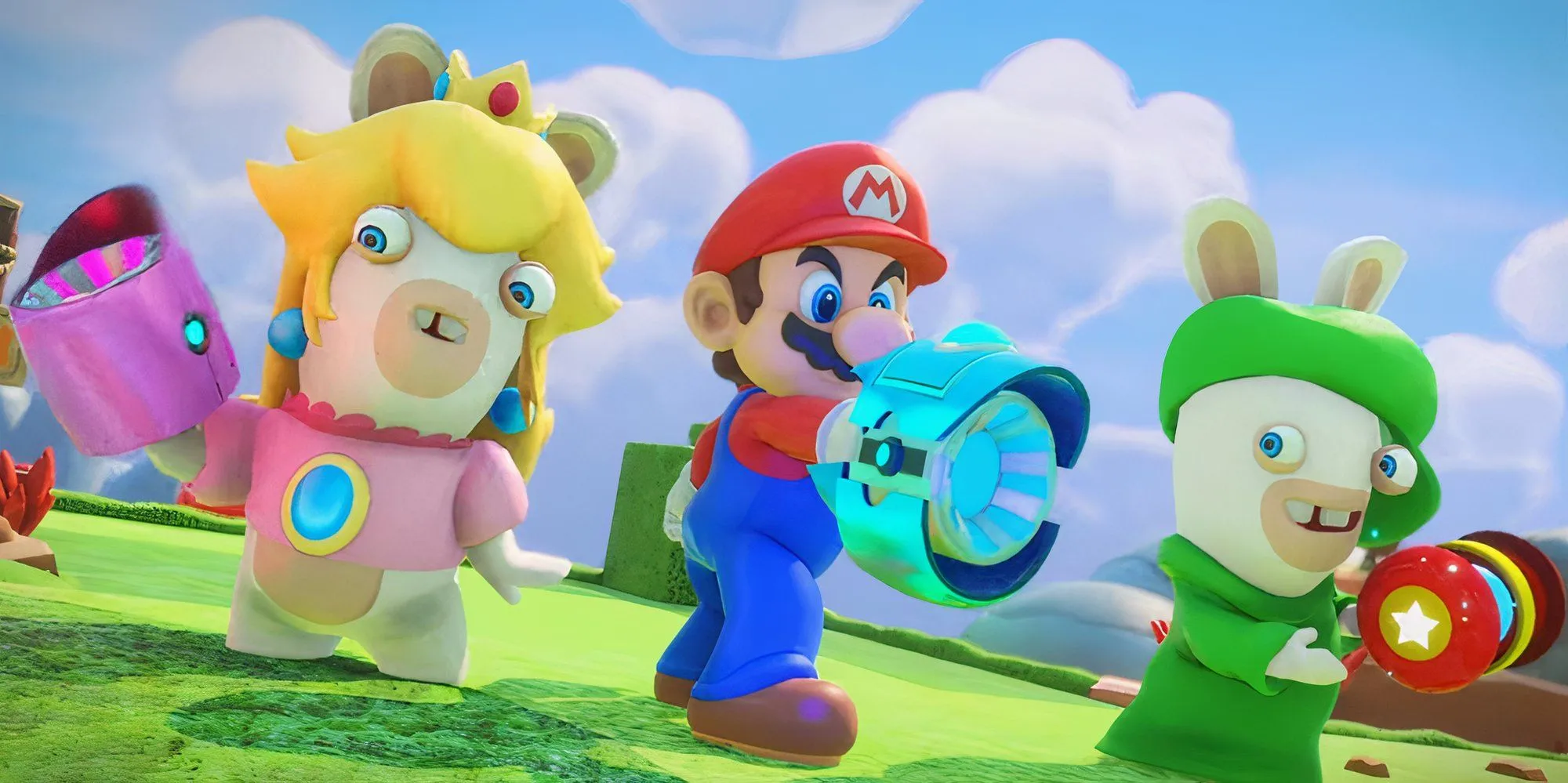 Mario cùng hai nhân vật Rabbids trong trận chiến chiến thuật trong tựa game Mario + Rabbids: Kingdom Battle.
