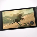 Máy chơi game Nintendo Switch 2 cầm tay với màn hình lớn hơn đang hiển thị tựa game The Legend of Zelda.