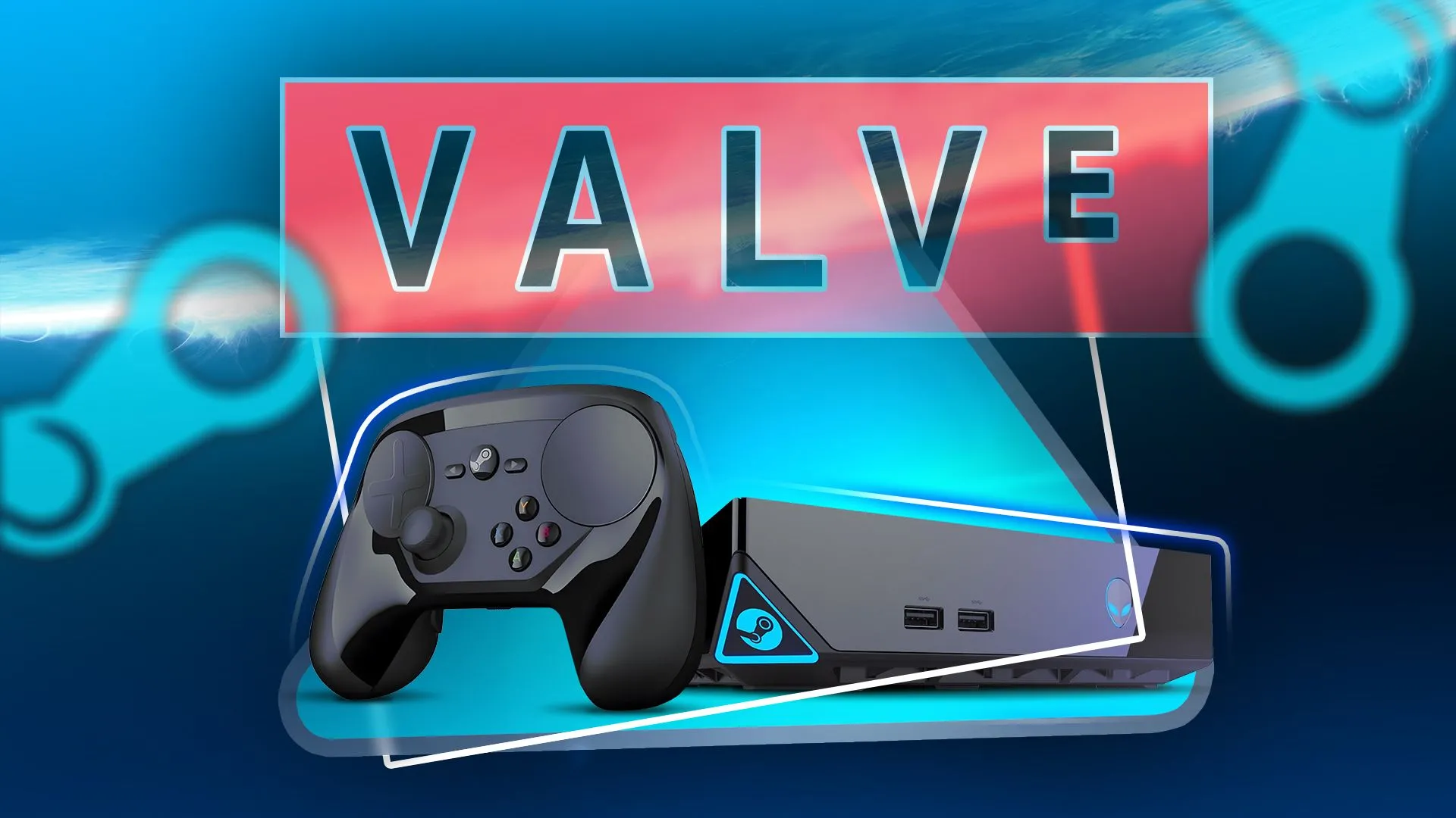 Máy Steam của Valve với logo Valve ở trên và logo Steam ở các bên.
