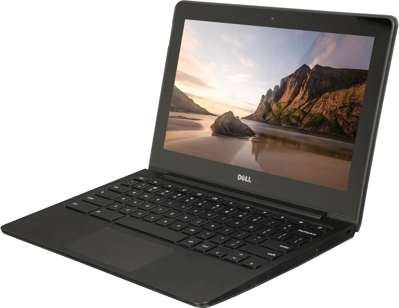 Máy tính xách tay Dell Chromebook 11 màu đen với màn hình mở, đặt trên bề mặt phẳng, biểu tượng cho sự khởi đầu của dòng laptop Chrome OS giá cả phải chăng.