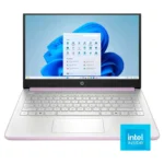 Máy tính xách tay HP 14 inch màu bạc trên nền trắng, thể hiện thiết kế cơ bản của laptop giá rẻ.