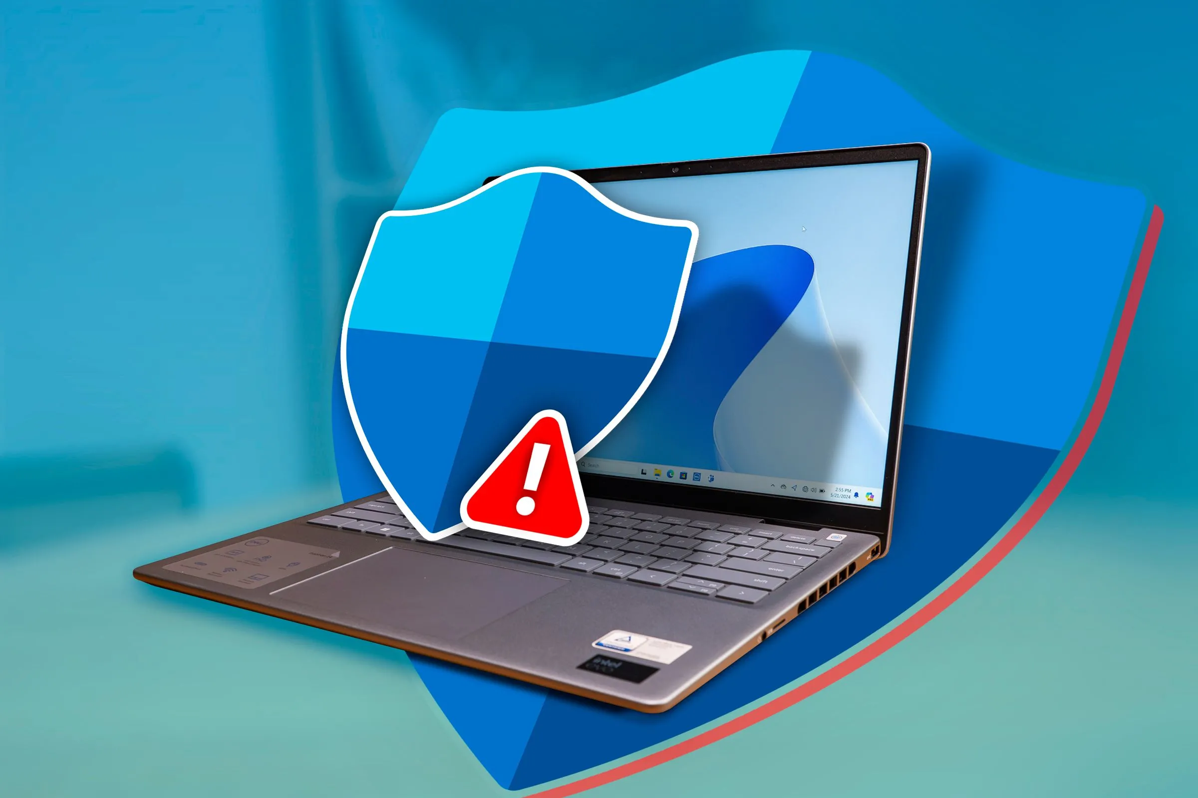 Máy tính xách tay với logo Windows Defender xuất hiện từ màn hình, tượng trưng cho tính năng bảo vệ.