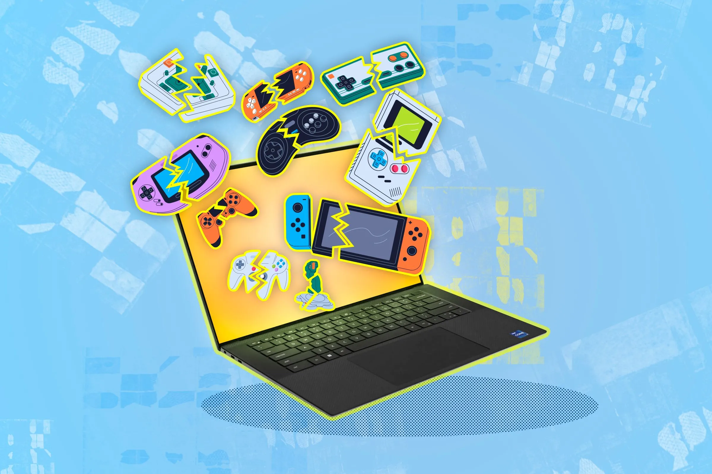 Máy tính xách tay với nhiều tay cầm chơi game bị hỏng, biểu tượng cho các trình giả lập.