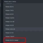 Menu cài đặt tương thích trên Steam hiển thị danh sách các phiên bản Proton và ô màu đỏ xung quanh tùy chọn Proton 10.0-1 (beta)