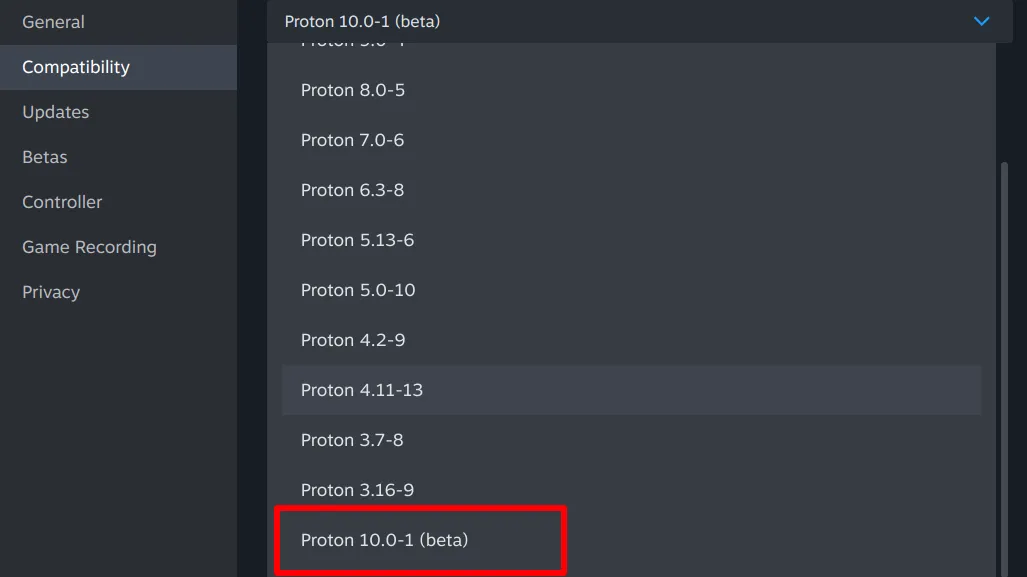 Menu cài đặt tương thích trên Steam hiển thị danh sách các phiên bản Proton và ô màu đỏ xung quanh tùy chọn Proton 10.0-1 (beta)