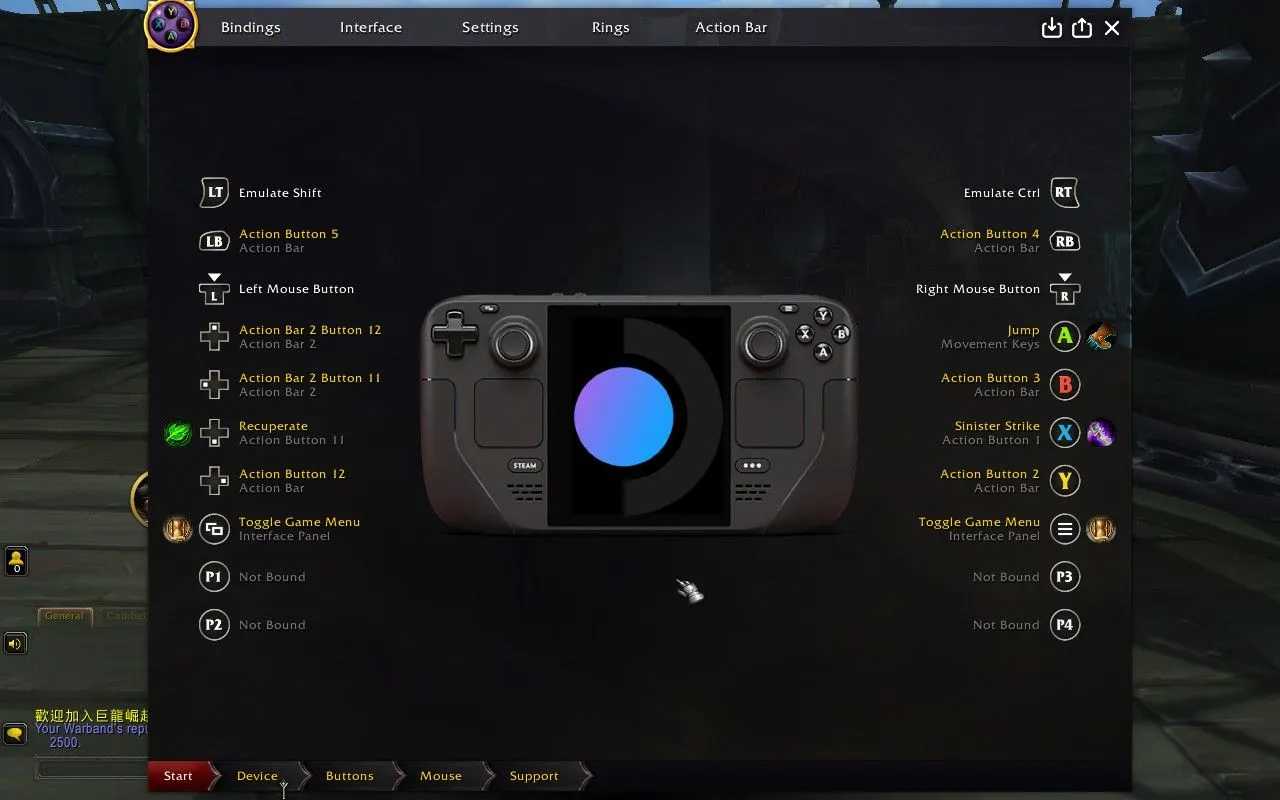 Menu cấu hình ConsolePort trong game World of Warcraft, tối ưu tay cầm Steam Deck