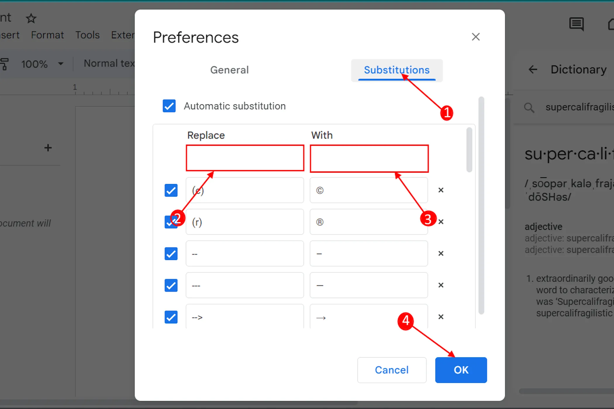 Menu cấu hình tự động thay thế trong Google Docs