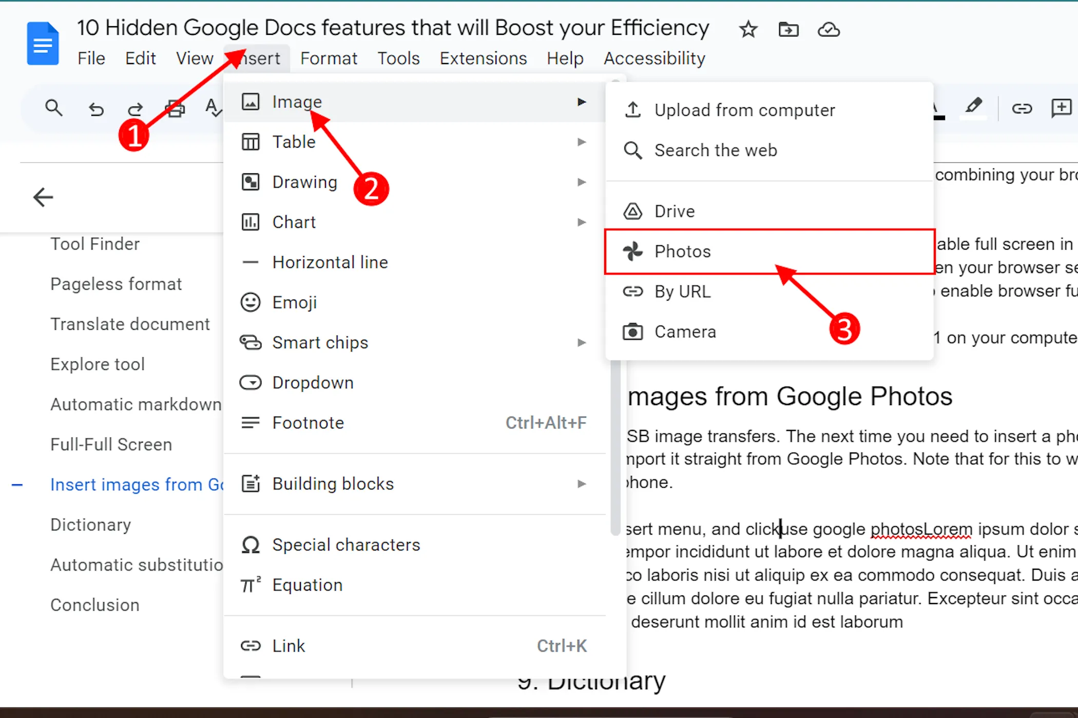 Menu chèn hình ảnh trong Google Docs, với tùy chọn Photos