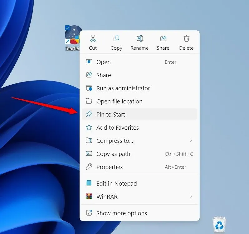 Menu chuột phải trên biểu tượng ứng dụng, chọn ghim vào Start Menu
