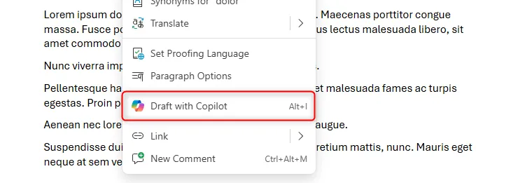 Menu chuột phải trong Word cho web hiển thị tùy chọn 'Draft With Copilot' để truy cập trợ lý AI.