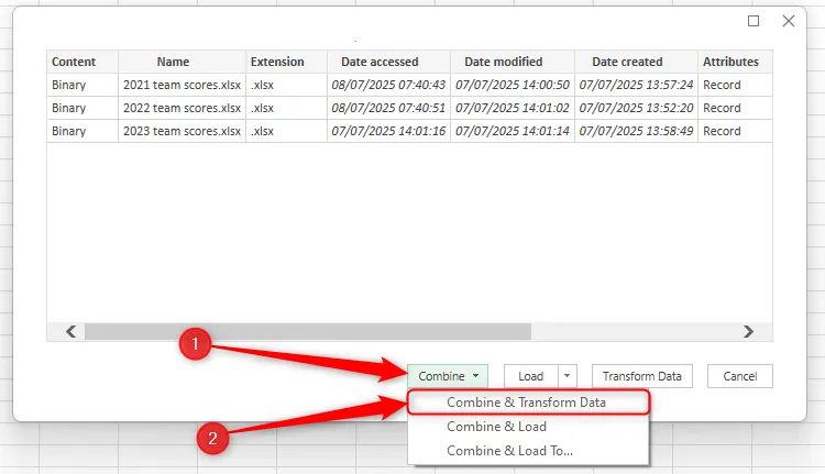 Menu Combine và tùy chọn &quot;Combine And Transform Data&quot; được chọn trong hộp thoại chứa danh sách ba tệp Excel