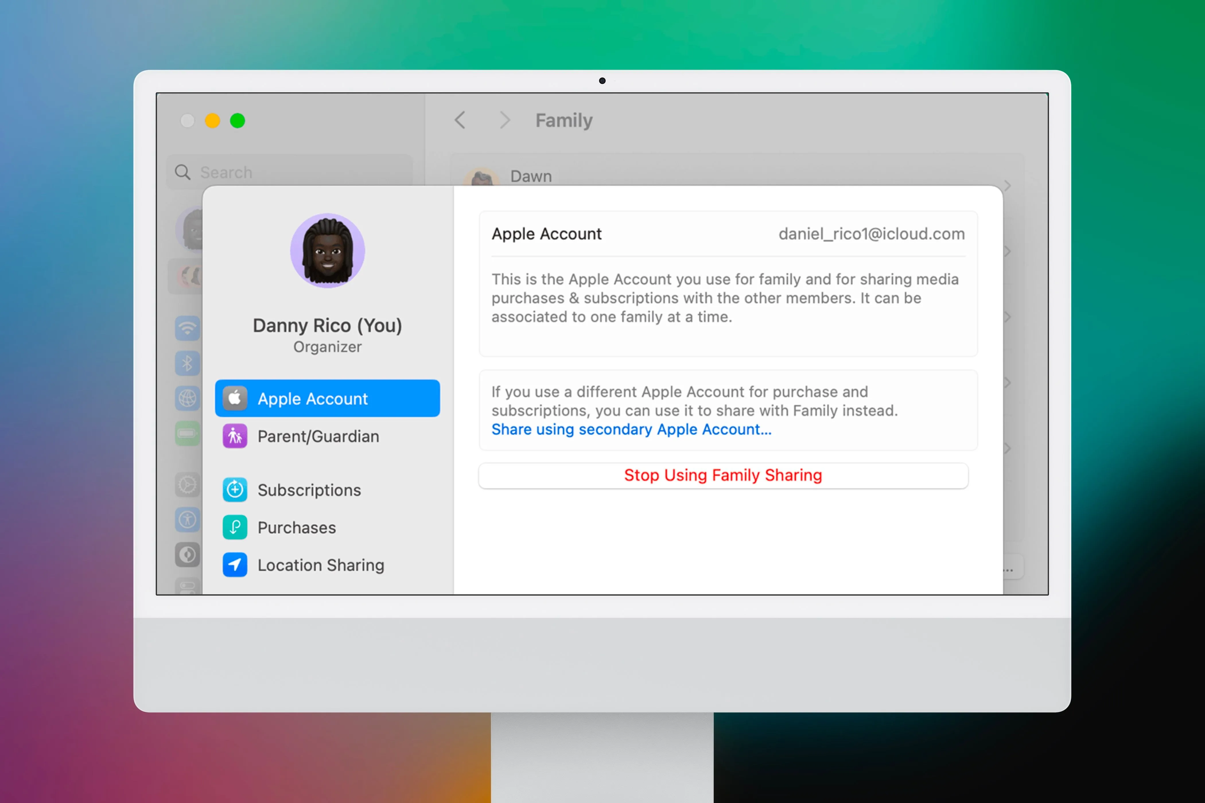 Menu để dừng sử dụng Family Sharing với những người khác trên iMac.